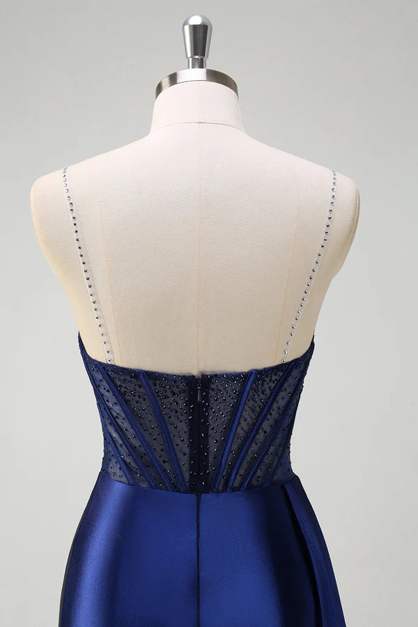 Navy Mermaid V-Neck Watteau Train Corset Beaded Prom Dress with Slit simple gentle atmospheric and unique desi