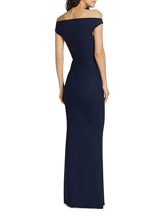 Navy Off - Shoulder Cutout Evening Gown Off Shoulder Collar Front and Back Shaped Dart Evening Dress