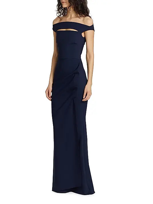 Navy Off - Shoulder Cutout Evening Gown Off Shoulder Collar Front and Back Shaped Dart Evening Dress