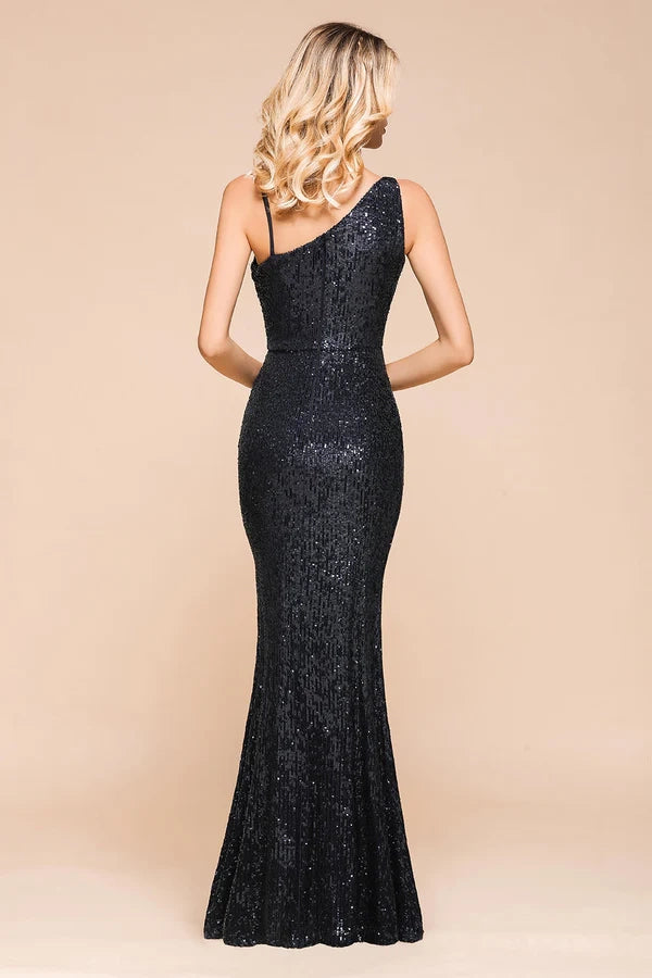 Navy One Shoulder Sequins Prom Dress Long Mermaid Evening Gowns With Split Simple gentle atmospheric and unique design
