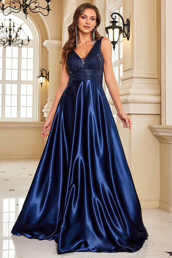 Navy Satin A-Line Formal Dress with Sequins Simple gentle atmospheric and unique desig