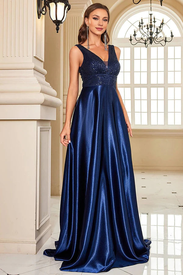 Navy Satin A-Line Formal Dress with Sequins Simple gentle atmospheric and unique desig
