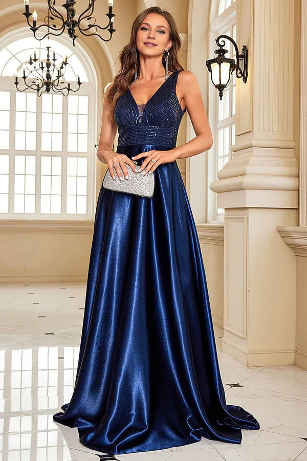 Navy Satin A-Line Formal Dress with Sequins Simple gentle atmospheric and unique desig