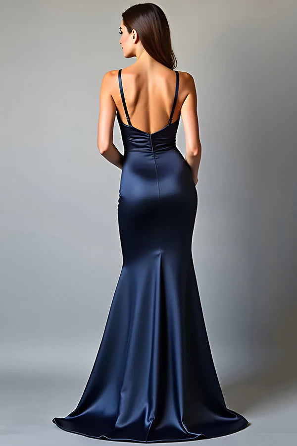 Navy Sheath Spaghetti Straps Long Satin Prom Dress With Slit simple gentle atmospheric and unique desi Bring summer colors to enhance whiteness