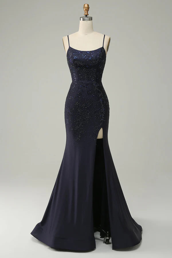 Navy Spaghetti Straps Beaded Mermaid Prom Dress with Split Simple gentle atmospheric and unique design