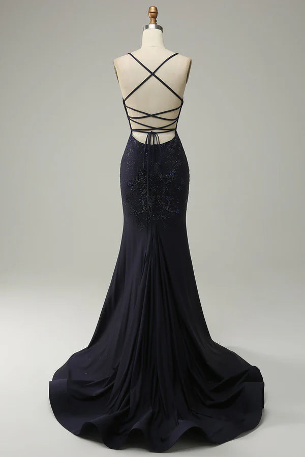 Navy Spaghetti Straps Beaded Mermaid Prom Dress with Split Simple gentle atmospheric and unique design