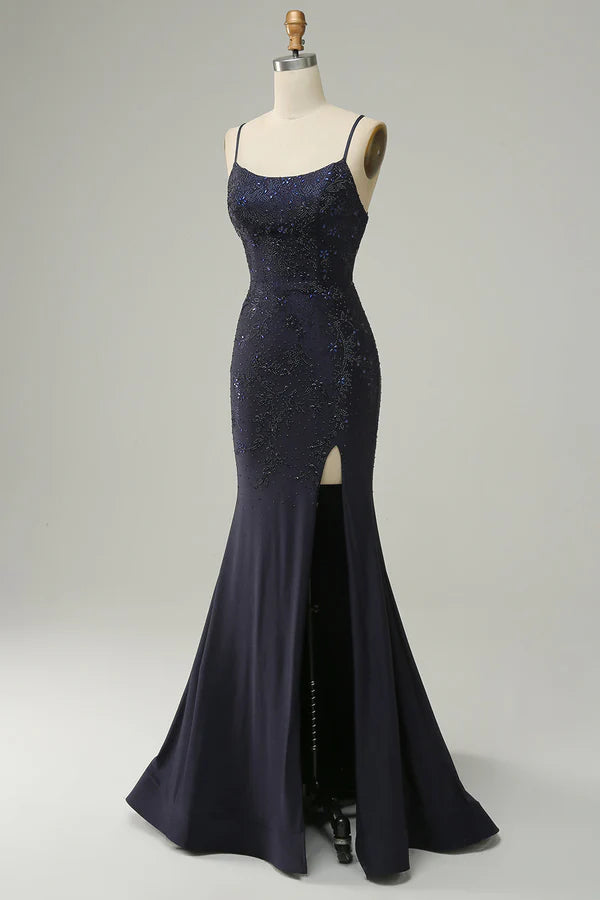 Navy Spaghetti Straps Beaded Mermaid Prom Dress with Split Simple gentle atmospheric and unique design