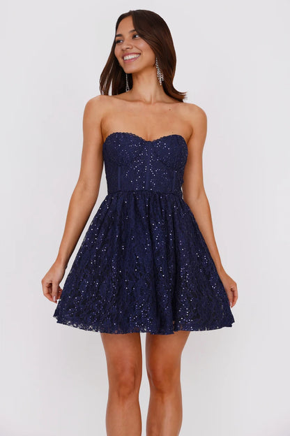 Navy blue strapless short dress with lace fabric embellished with sequins, suitable for casual occasions such as parties and dates