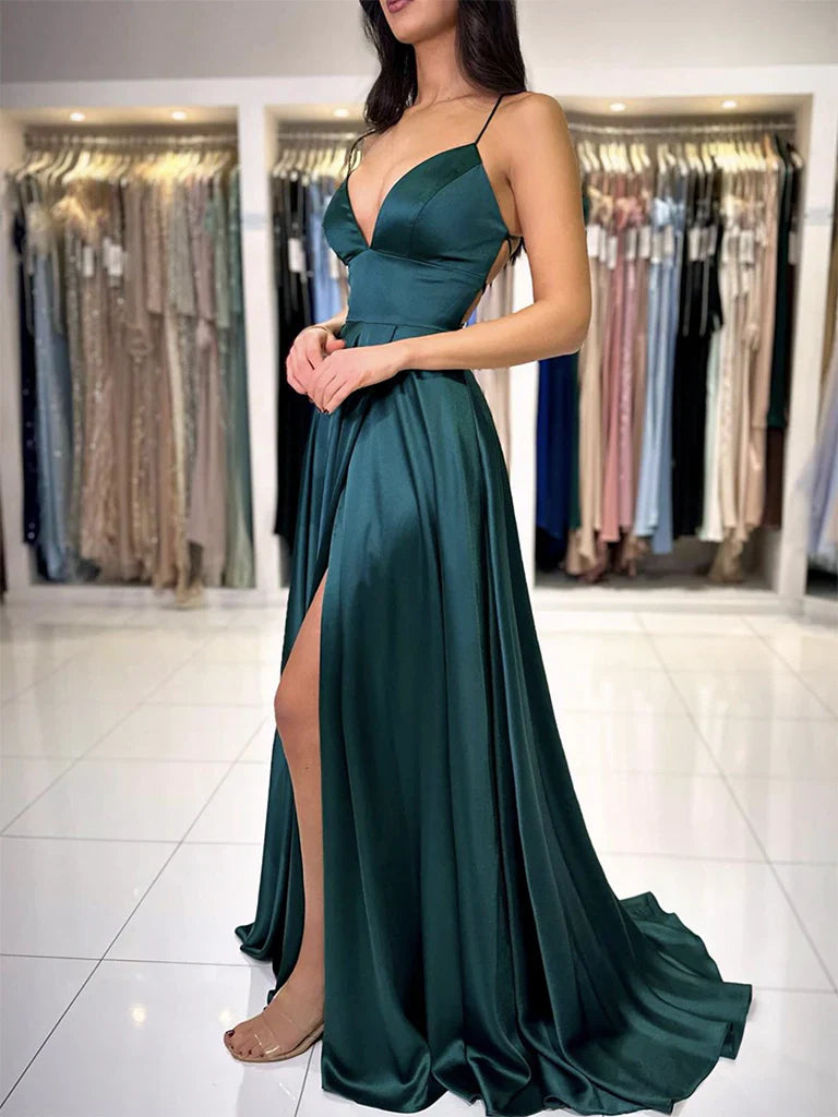 Neck Dark Green Satin Long Prom Dress Dark Green Evening Dress gowns evening dresses simple gentle atmospheric and unique desi Bring summer colors to enhance whiteness