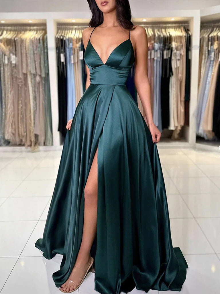 Neck Dark Green Satin Long Prom Dress Dark Green Evening Dress gowns evening dresses simple gentle atmospheric and unique desi Bring summer colors to enhance whiteness
