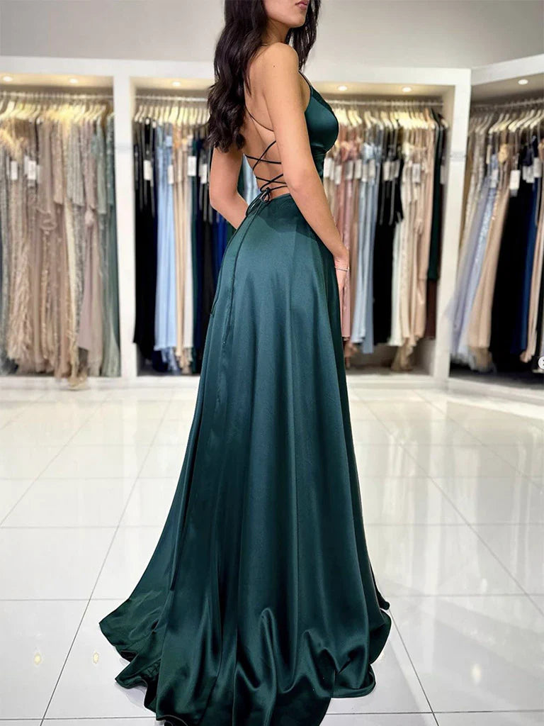 Neck Dark Green Satin Long Prom Dress Dark Green Evening Dress gowns evening dresses simple gentle atmospheric and unique desi Bring summer colors to enhance whiteness