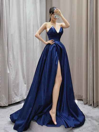 Neck Satin Dark Blue Long Prom Dress Dark Blue Long Evening Dress gowns evening dresses simple gentle atmospheric and unique desi Bring summer colors to enhance whiteness