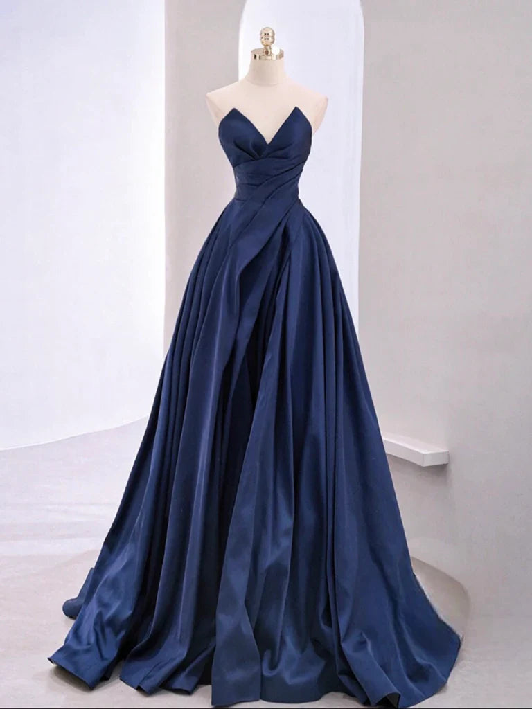 Neck Satin Dark Blue Long Prom Dress Dark Blue Long Evening Dress gowns evening dresses simple gentle atmospheric and unique desi Bring summer colors to enhance whiteness