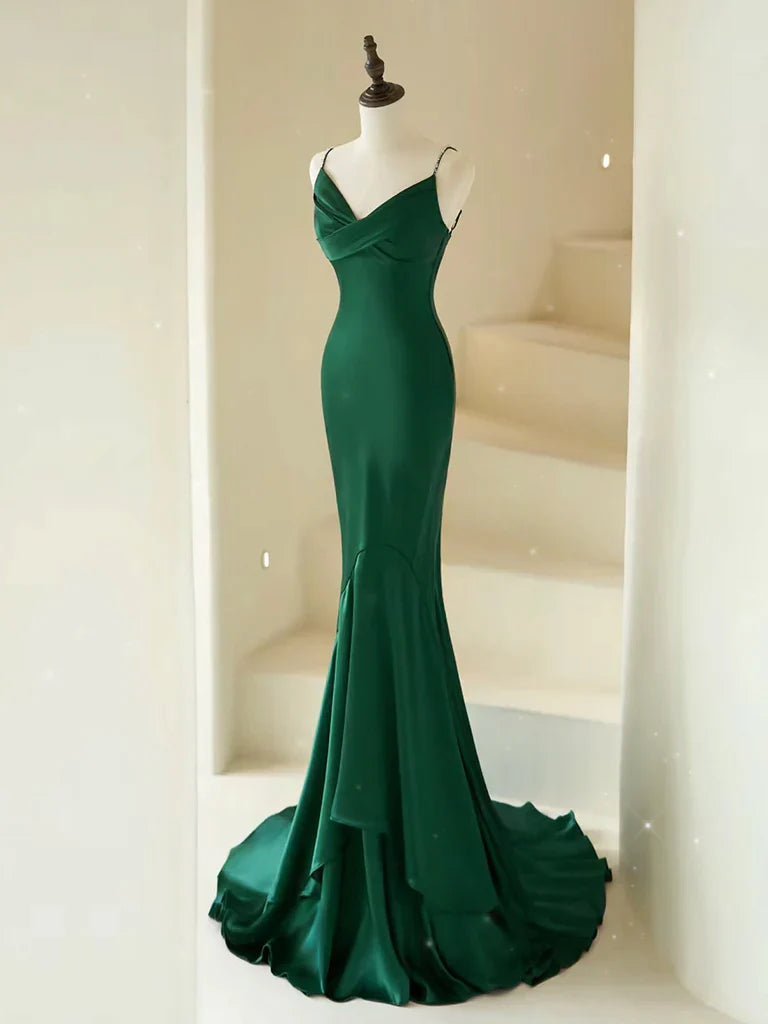 Neck Satin Green Long Prom Dress Green Satin Long Formal Dress gowns evening dresses simple gentle atmospheric and unique desi Bring summer colors to enhance whiteness