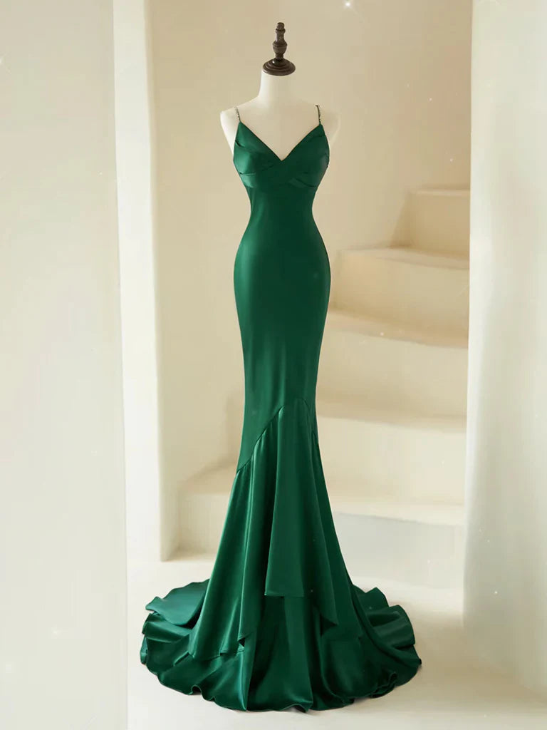 Neck Satin Green Long Prom Dress Green Satin Long Formal Dress gowns evening dresses simple gentle atmospheric and unique desi Bring summer colors to enhance whiteness