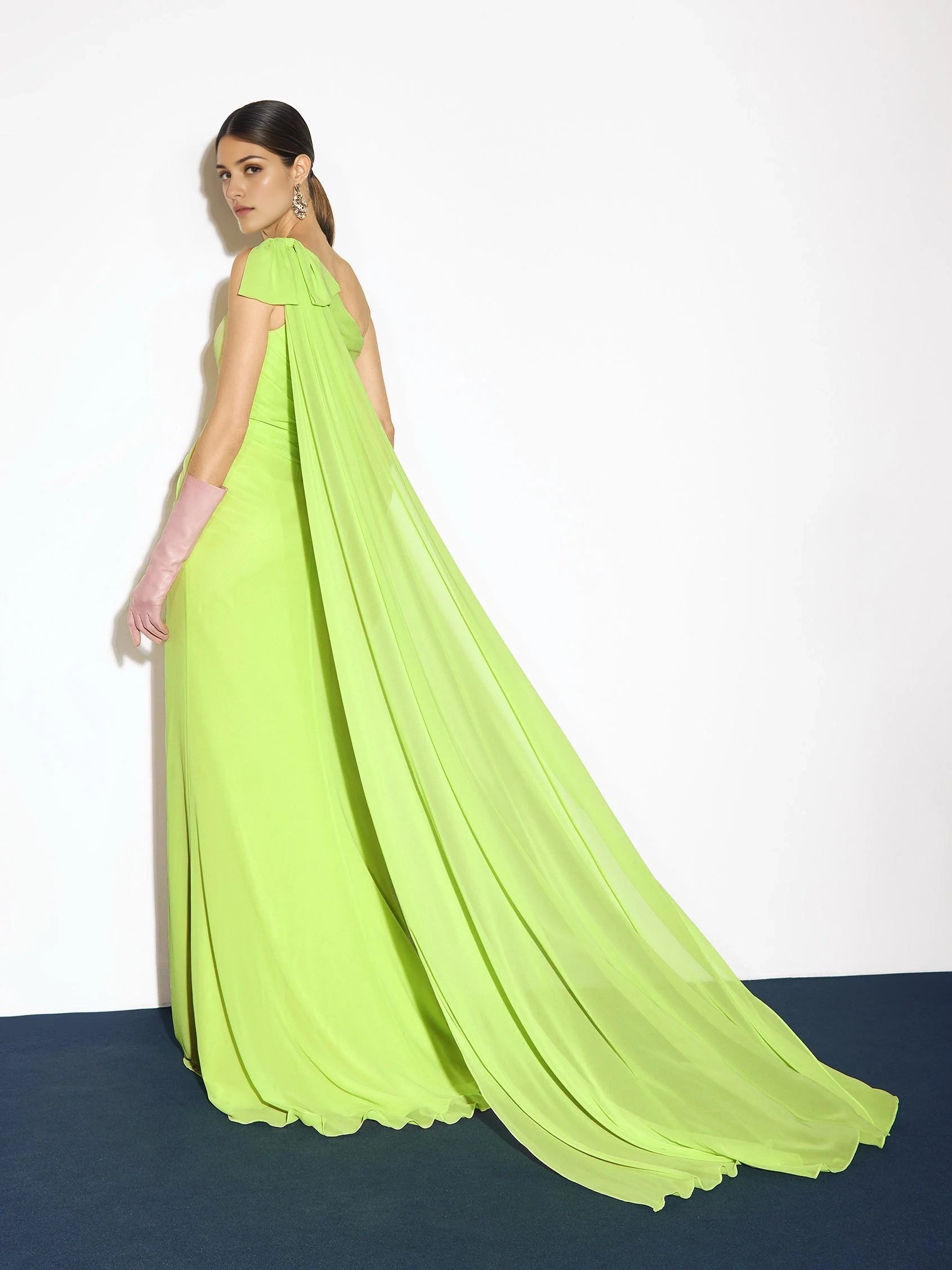 Neon Green One-Shoulder Maxi Dress with Cape Straight chiffon party dress Mother of the Bride Dresses