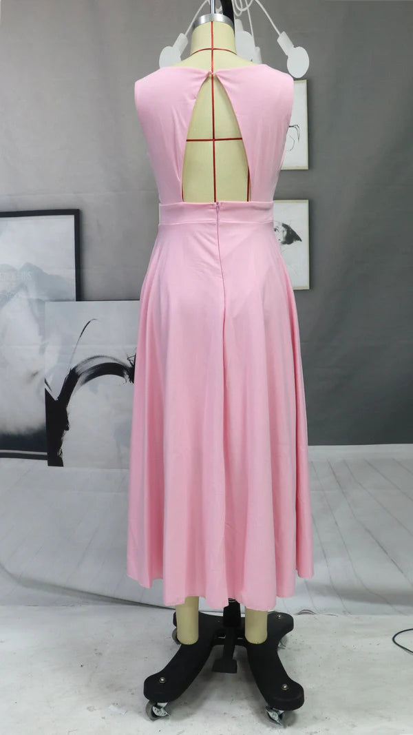 Newinlook Pink Sleeveless Prom Dress Long Tea-Length With Pockets Simple gentle atmospheric and unique design