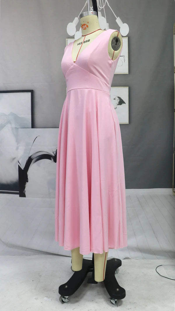 Newinlook Pink Sleeveless Prom Dress Long Tea-Length With Pockets Simple gentle atmospheric and unique design