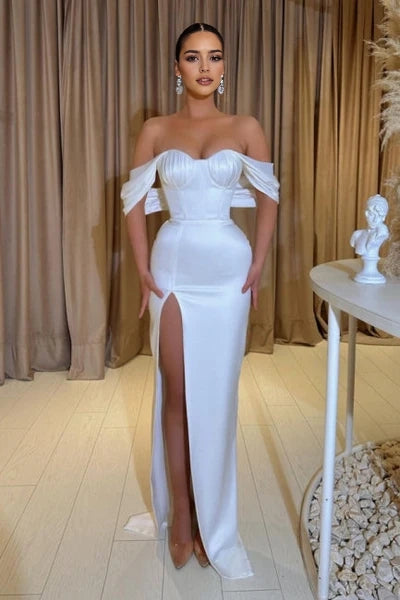 Noble Sweetheart Cap Sleeves Column Satin Prom Dress with Front Split Simple gentle atmospheric and unique design