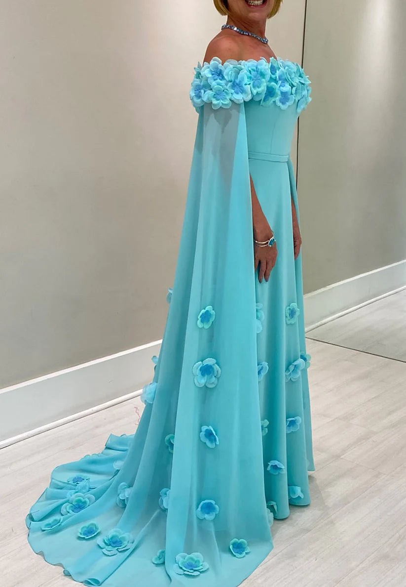 Off-Shoulder 3D Floral Pleated Chiffon A-Line Mother of Bride Dress simple gentle atmospheric and unique desi Bring summer colors to enhance whiteness