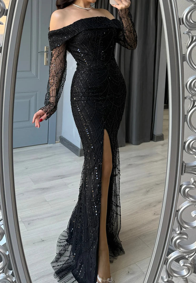 Off-Shoulder Beaded Emboridery Sparkly Evening Dress simple gentle atmospheric and unique desi Bring summer colors to enhance whiteness