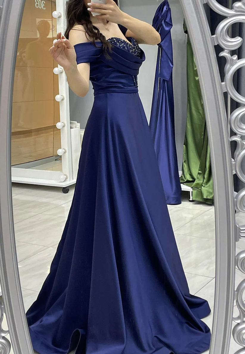 Off-Shoulder Beaded Pleated A-Line Formal Dress simple gentle atmospheric and unique desi Bring summer colors to enhance whiteness