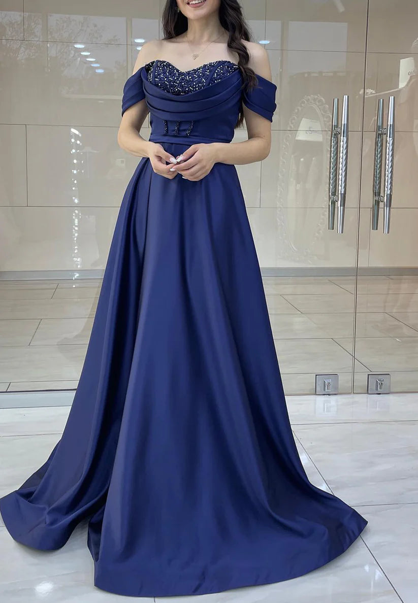 Off-Shoulder Beaded Pleated A-Line Formal Dress simple gentle atmospheric and unique desi Bring summer colors to enhance whiteness