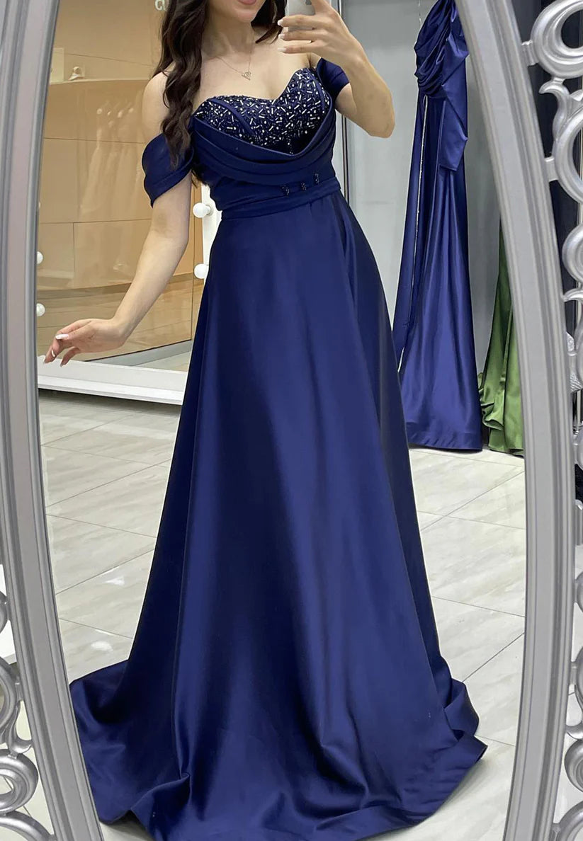 Off-Shoulder Beaded Pleated A-Line Formal Dress simple gentle atmospheric and unique desi Bring summer colors to enhance whiteness