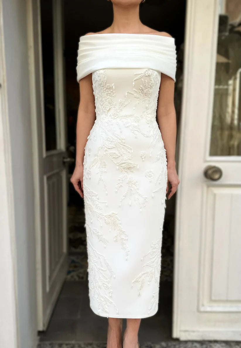 Off-Shoulder Cap Sleeveless Appliques Sheath Mother of Bride Dress simple gentle atmospheric and unique desi Bring summer colors to enhance whiteness