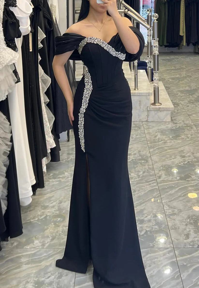 Off-Shoulder Cap Sleeves Beaded Mermaid Evening Dress simple gentle atmospheric and unique desi Bring summer colors to enhance whiteness