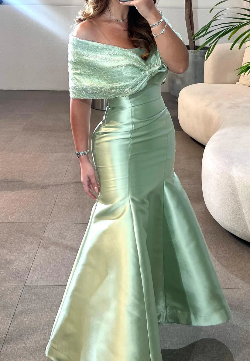 Off-Shoulder Cap Sleeves Beaded Sleek Satin Mermaid Evening Dress simple gentle atmospheric and unique desi Bring summer colors to enhance whiteness
