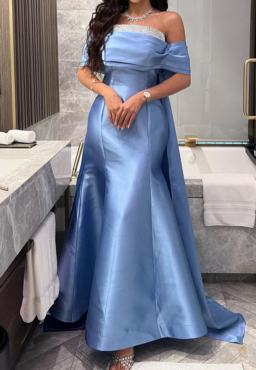 Off-Shoulder Cap Sleeves Mermaid Satin Beaded Evening Dress simple gentle atmospheric and unique desi Bring summer colors to enhance whiteness