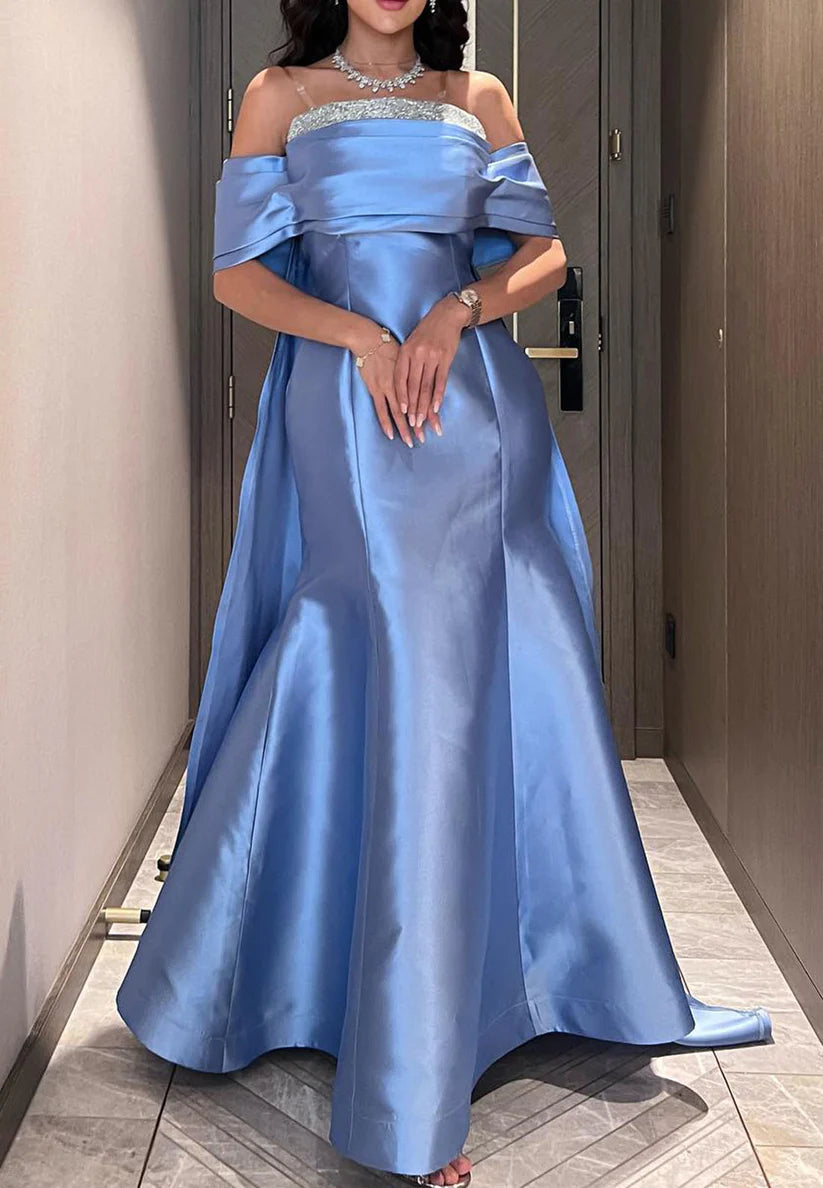 Off-Shoulder Cap Sleeves Mermaid Satin Beaded Evening Dress simple gentle atmospheric and unique desi Bring summer colors to enhance whiteness