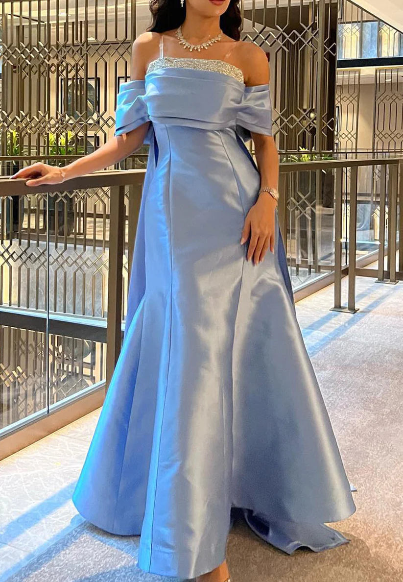 Off-Shoulder Cap Sleeves Mermaid Satin Beaded Evening Dress simple gentle atmospheric and unique desi Bring summer colors to enhance whiteness