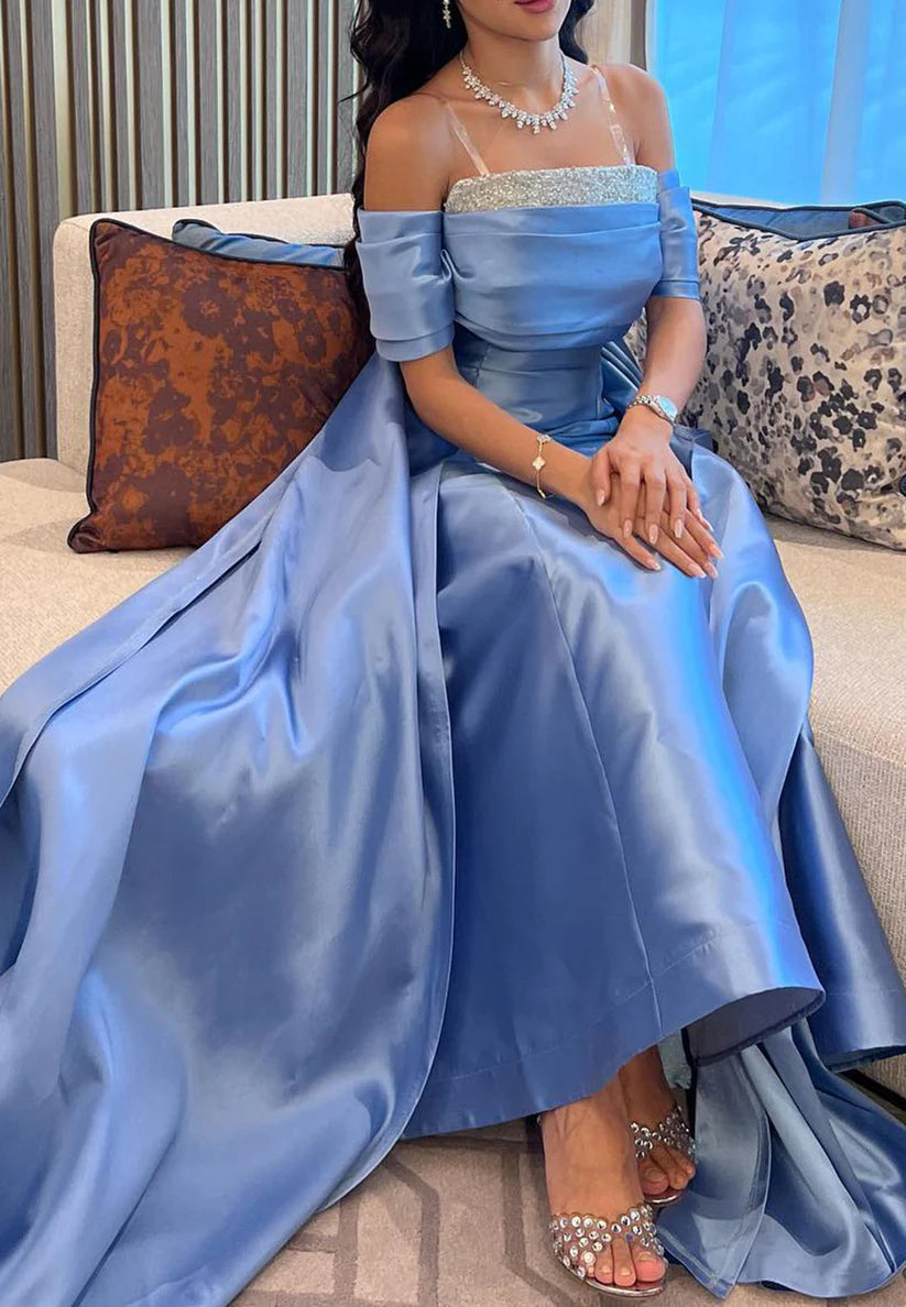 Off-Shoulder Cap Sleeves Mermaid Satin Beaded Evening Dress simple gentle atmospheric and unique desi Bring summer colors to enhance whiteness