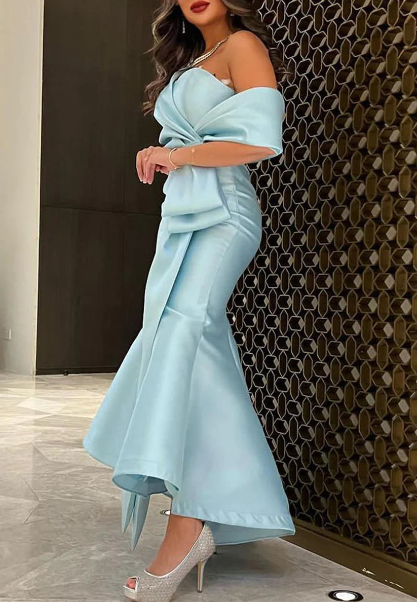 Off-Shoulder Cap Sleeves Sleek Satin Mermaid Evening Dress simple gentle atmospheric and unique desi Bring summer colors to enhance whiteness