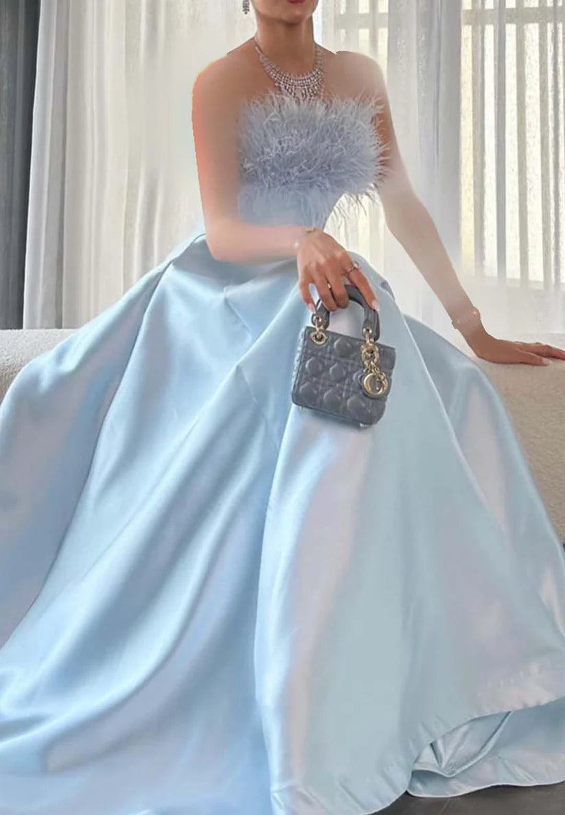 Off-Shoulder Feathered Sleek A-Line Sky Blue Formal Dress simple gentle atmospheric and unique desi Bring summer colors to enhance whiteness