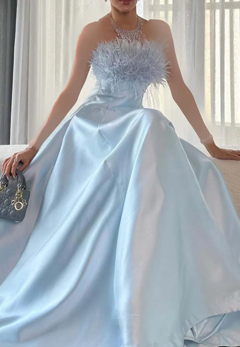 Off-Shoulder Feathered Sleek A-Line Sky Blue Formal Dress simple gentle atmospheric and unique desi Bring summer colors to enhance whiteness