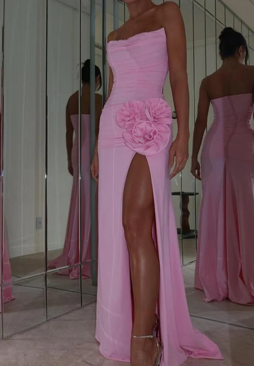 Off-Shoulder Floral Embellished Side Slit Evening Dress Pleated Sheath Prom Dress simple gentle atmospheric and unique desi Bring summer colors to enhance whiteness