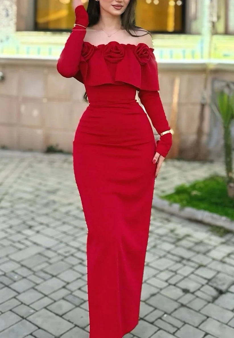 Off-Shoulder Floral Long Sleeves Mermaid Evening Dress simple gentle atmospheric and unique desi Bring summer colors to enhance whiteness