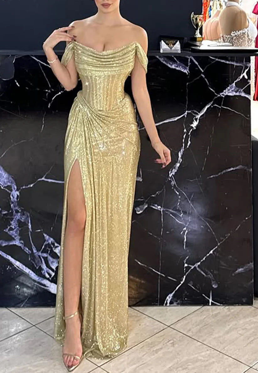 Off-Shoulder High Slit Pleated Sparkly Sheath Prom Dress simple gentle atmospheric and unique desi Bring summer colors to enhance whiteness