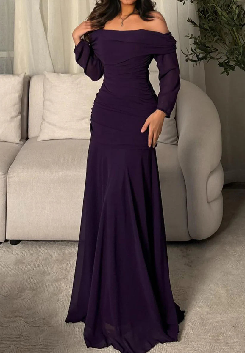 Off-Shoulder Long Sleeves A-Line Evening Dress simple gentle atmospheric and unique desi Bring summer colors to enhance whiteness