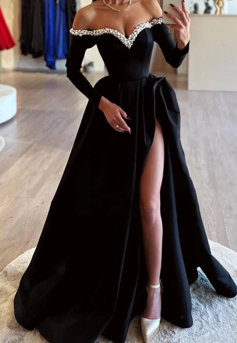 Off-Shoulder Long Sleeves Beaded A-Line Long Evening Dress simple gentle atmospheric and unique desi Bring summer colors to enhance whiteness