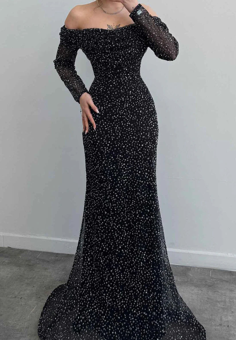 Off-Shoulder Long Sleeves Beaded Emboridery Mermaid Formal Evening Dress simple gentle atmospheric and unique desi Bring summer colors to enhance whiteness