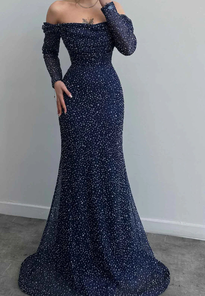 Off-Shoulder Long Sleeves Beaded Emboridery Mermaid Formal Evening Dress simple gentle atmospheric and unique desi Bring summer colors to enhance whiteness