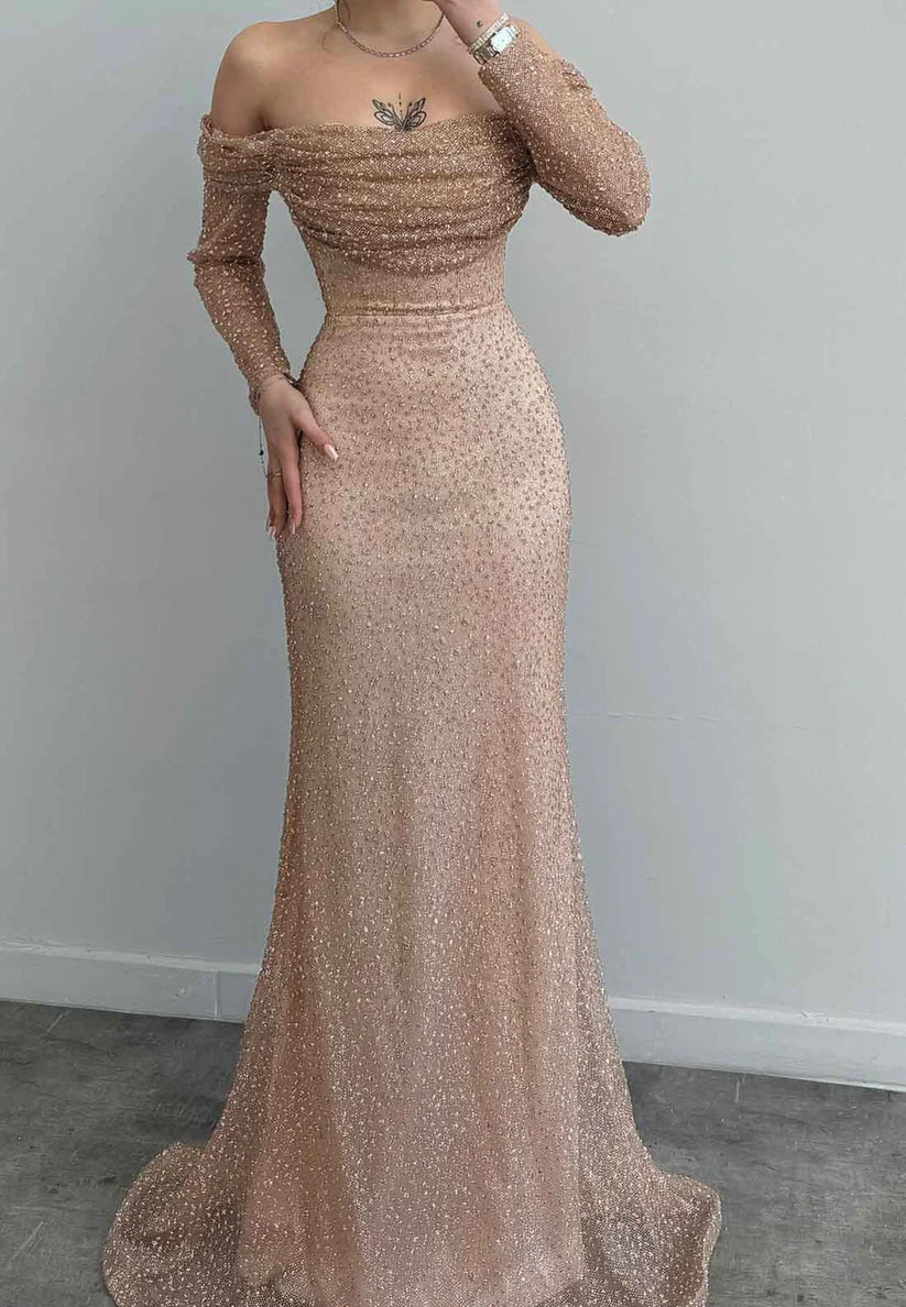 Off-Shoulder Long Sleeves Beaded Emboridery Mermaid Formal Evening Dress simple gentle atmospheric and unique desi Bring summer colors to enhance whiteness