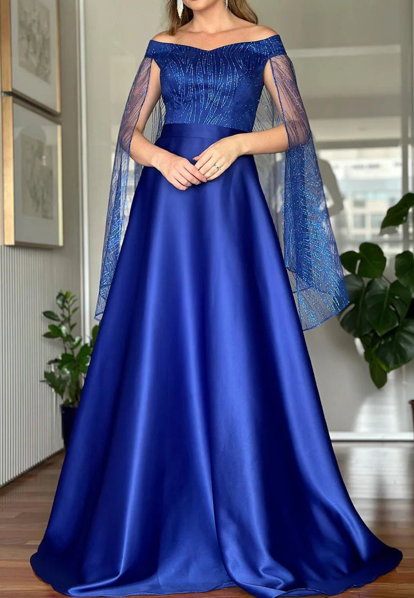 Off-Shoulder Long Sleeves Beaded Embroidery Satin A-Line Mother of Bride Dress simple gentle atmospheric and unique desi Bring summer colors to enhance whiteness