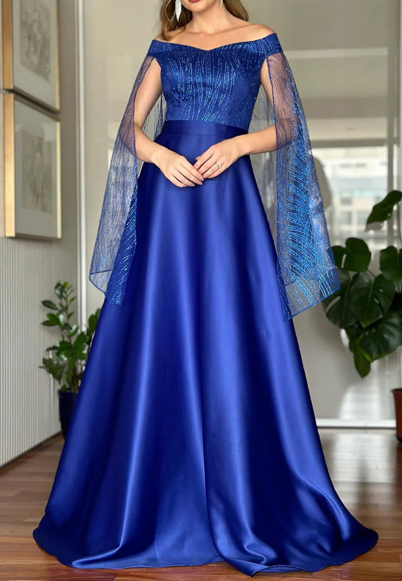 Off-Shoulder Long Sleeves Beaded Embroidery Satin A-Line Mother of Bride Dress simple gentle atmospheric and unique desi Bring summer colors to enhance whiteness