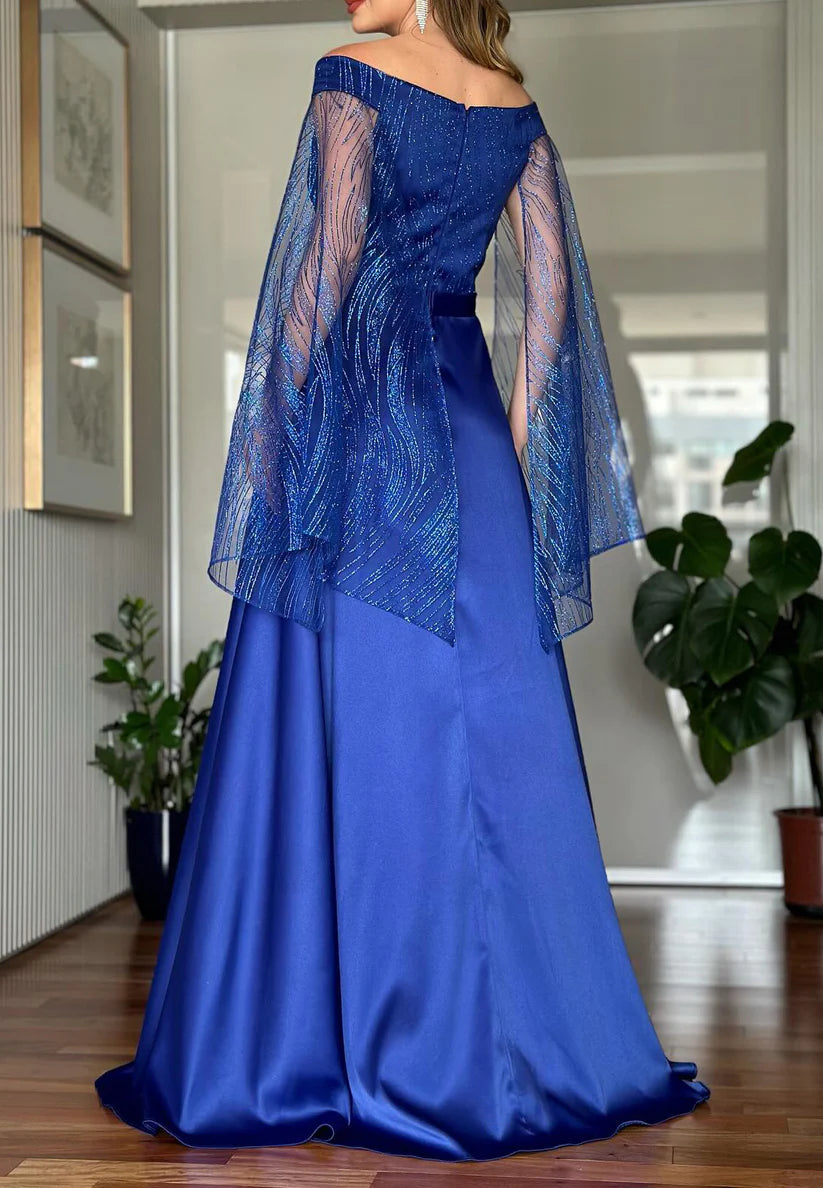 Off-Shoulder Long Sleeves Beaded Embroidery Satin A-Line Mother of Bride Dress simple gentle atmospheric and unique desi Bring summer colors to enhance whiteness