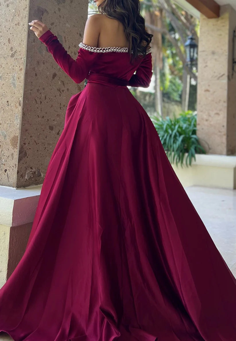 Off-Shoulder Long Sleeves Beaded High Slit A-Line Prom Dress simple gentle atmospheric and unique desi Bring summer colors to enhance whiteness